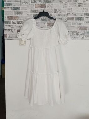 White Smocked Bodice Midi Dress for Girls - Elegant Puff Sleeve Design